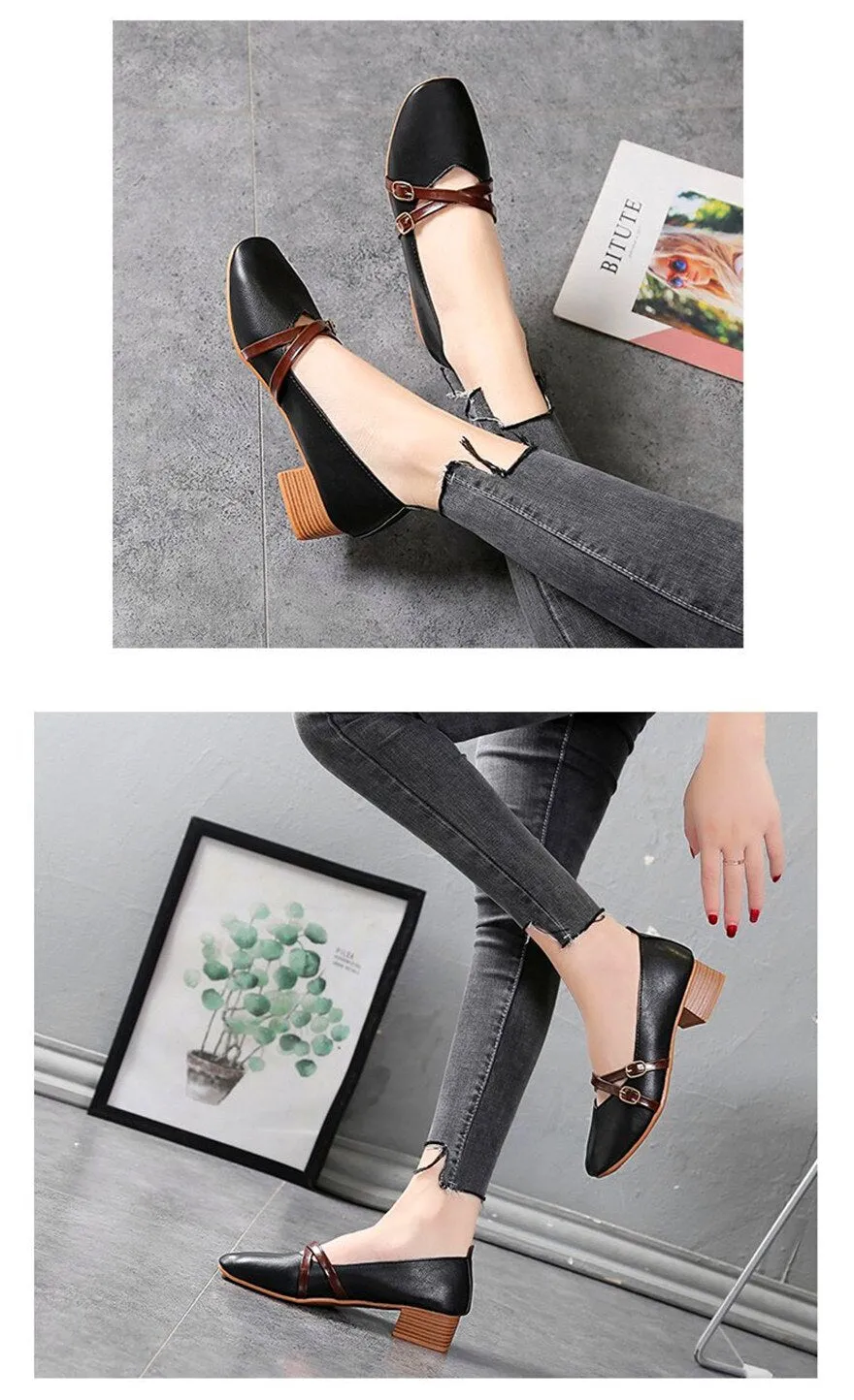 Wjczt Casual Women Shoes 2022 New Fashion Belt Buckle Shallow Woman Pumps Square Toe Soft Leather Med Heels Work Ladies Pregnant Shoes