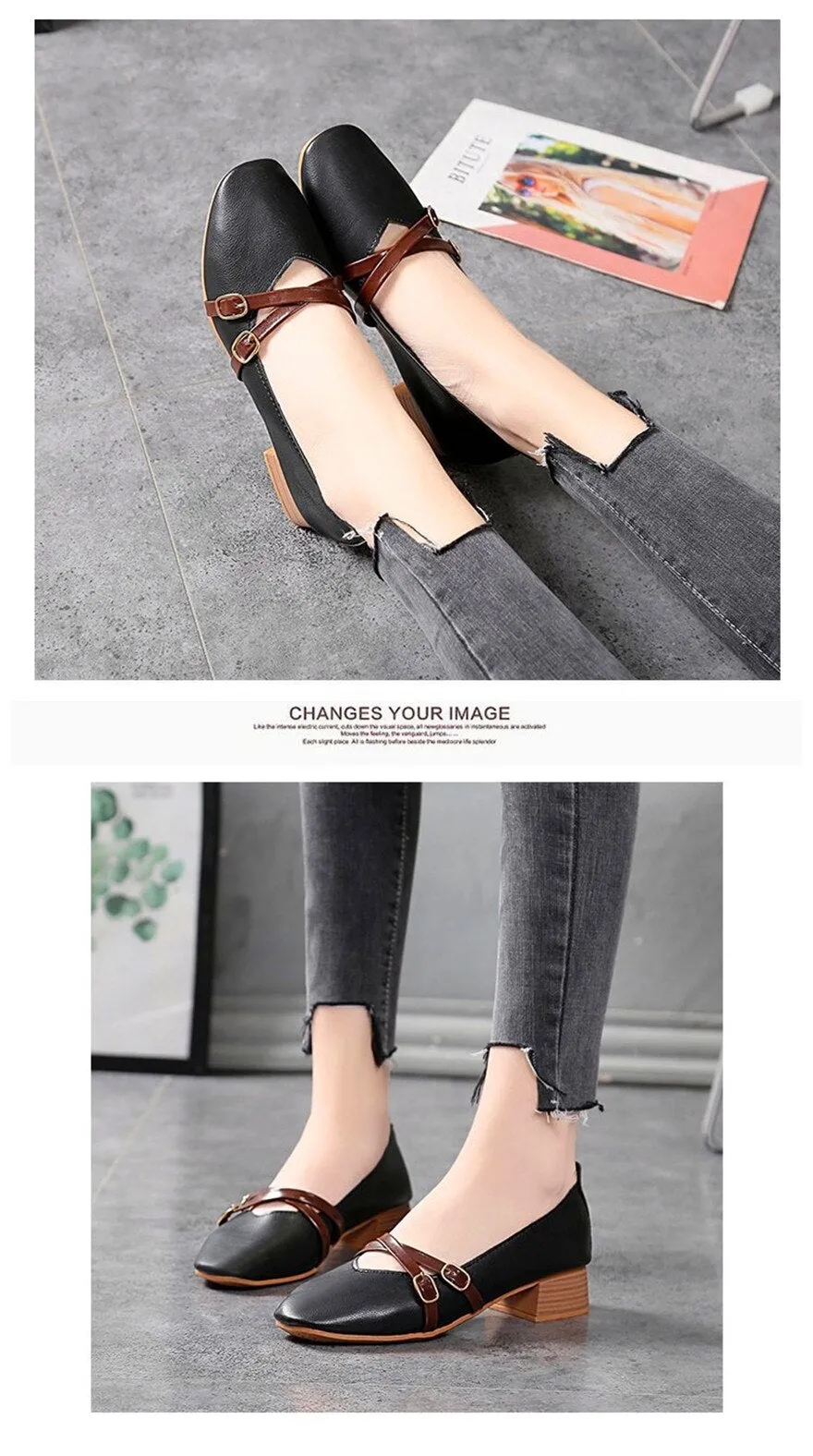 Wjczt Casual Women Shoes 2022 New Fashion Belt Buckle Shallow Woman Pumps Square Toe Soft Leather Med Heels Work Ladies Pregnant Shoes