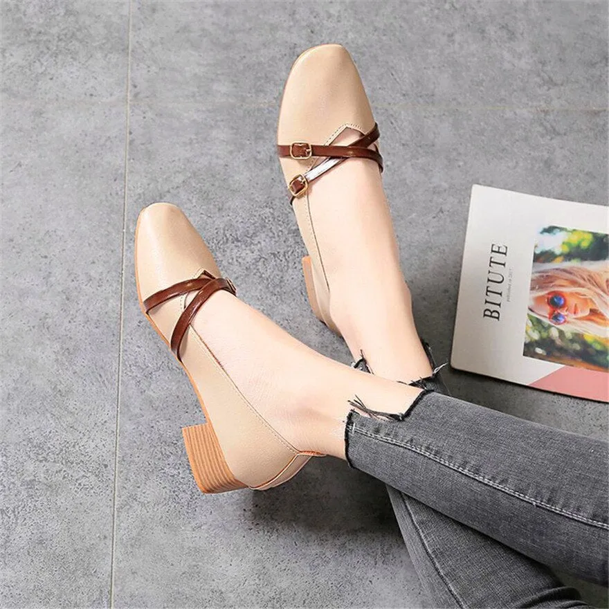 Wjczt Casual Women Shoes 2022 New Fashion Belt Buckle Shallow Woman Pumps Square Toe Soft Leather Med Heels Work Ladies Pregnant Shoes