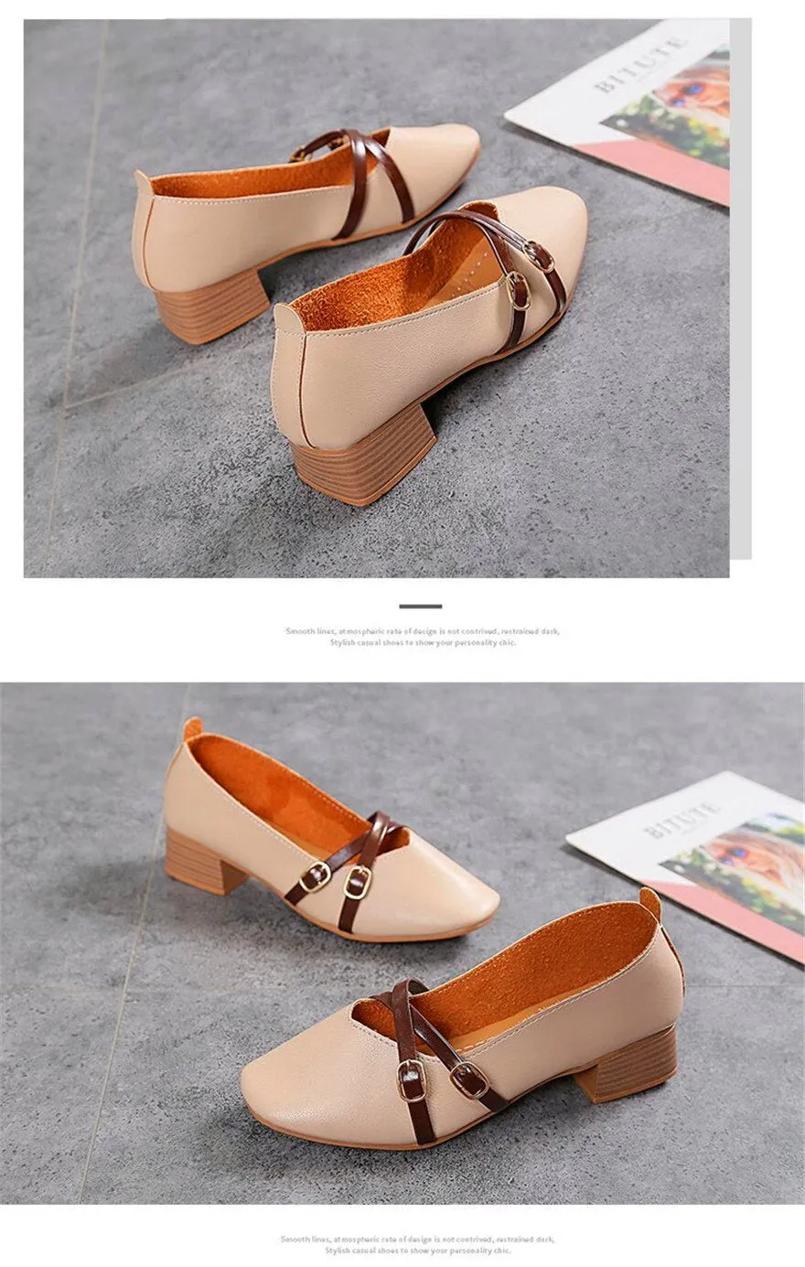 Wjczt Casual Women Shoes 2022 New Fashion Belt Buckle Shallow Woman Pumps Square Toe Soft Leather Med Heels Work Ladies Pregnant Shoes