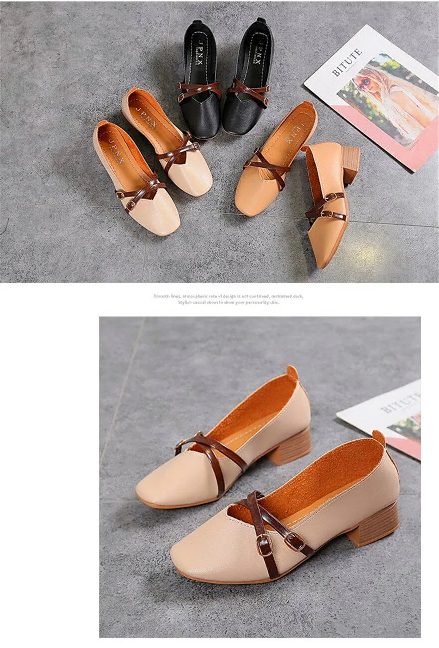 Wjczt Casual Women Shoes 2022 New Fashion Belt Buckle Shallow Woman Pumps Square Toe Soft Leather Med Heels Work Ladies Pregnant Shoes