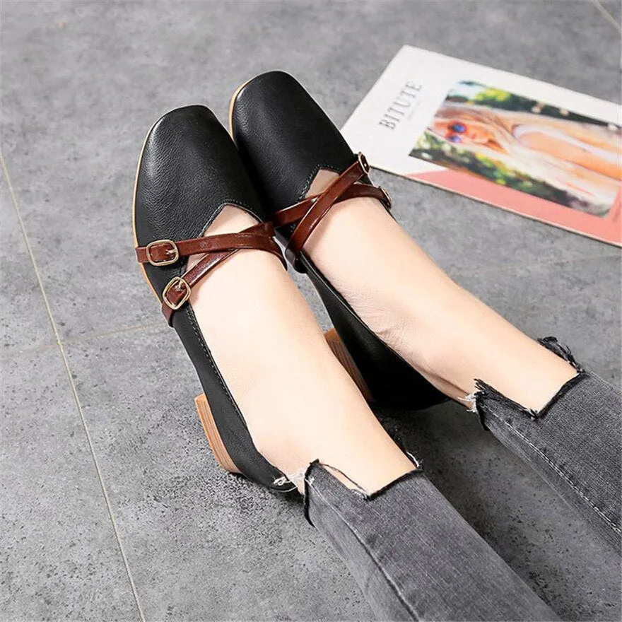 Wjczt Casual Women Shoes 2022 New Fashion Belt Buckle Shallow Woman Pumps Square Toe Soft Leather Med Heels Work Ladies Pregnant Shoes