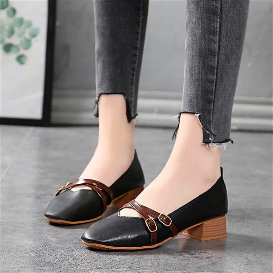 Wjczt Casual Women Shoes 2022 New Fashion Belt Buckle Shallow Woman Pumps Square Toe Soft Leather Med Heels Work Ladies Pregnant Shoes