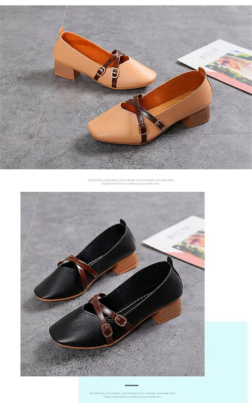 Wjczt Casual Women Shoes 2022 New Fashion Belt Buckle Shallow Woman Pumps Square Toe Soft Leather Med Heels Work Ladies Pregnant Shoes