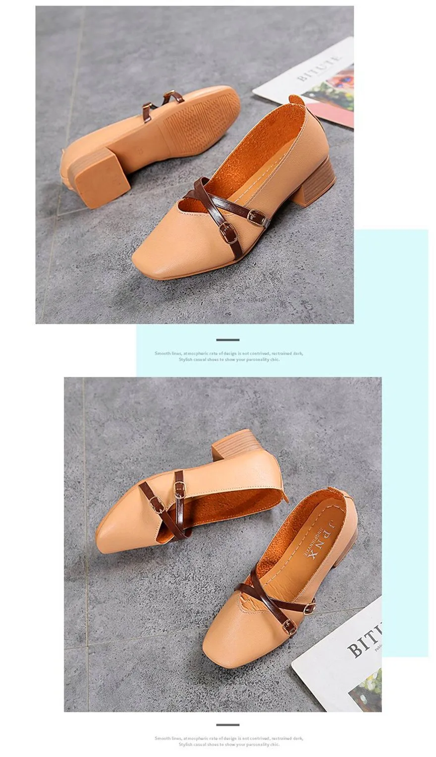 Wjczt Casual Women Shoes 2022 New Fashion Belt Buckle Shallow Woman Pumps Square Toe Soft Leather Med Heels Work Ladies Pregnant Shoes