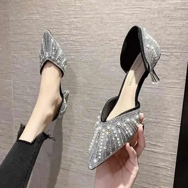 Wjczt Crystal Queen 6CM Pointed Toe Bride Wedding Shoes Cinderella Prom Rhinestone Mary Janes High Heels Thin Heels Mary Jane Shoes