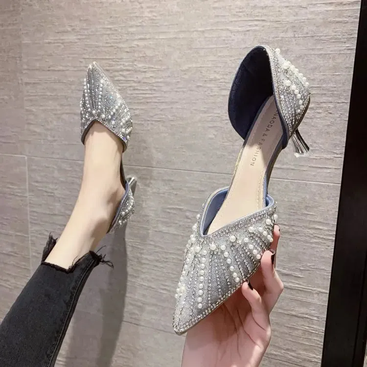 Wjczt Crystal Queen 6CM Pointed Toe Bride Wedding Shoes Cinderella Prom Rhinestone Mary Janes High Heels Thin Heels Mary Jane Shoes