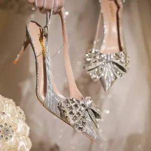 Wjczt New Crystal Wedding Shoes with Thin Heels and Pointed Headtips, Fashionable Water Diamond Bridesmaid High Heels, Sandals