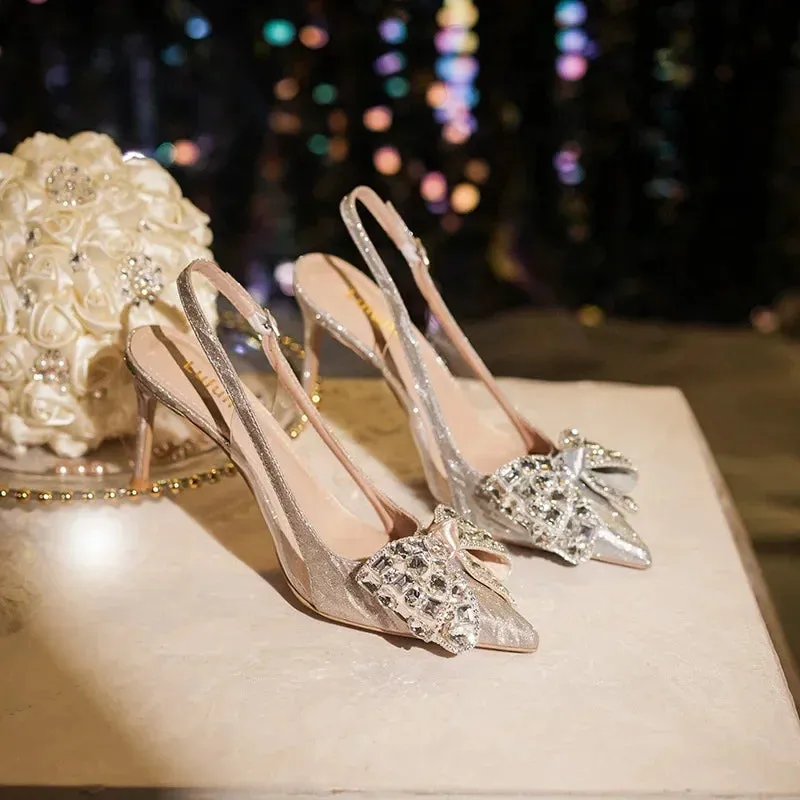 Wjczt New Crystal Wedding Shoes with Thin Heels and Pointed Headtips, Fashionable Water Diamond Bridesmaid High Heels, Sandals