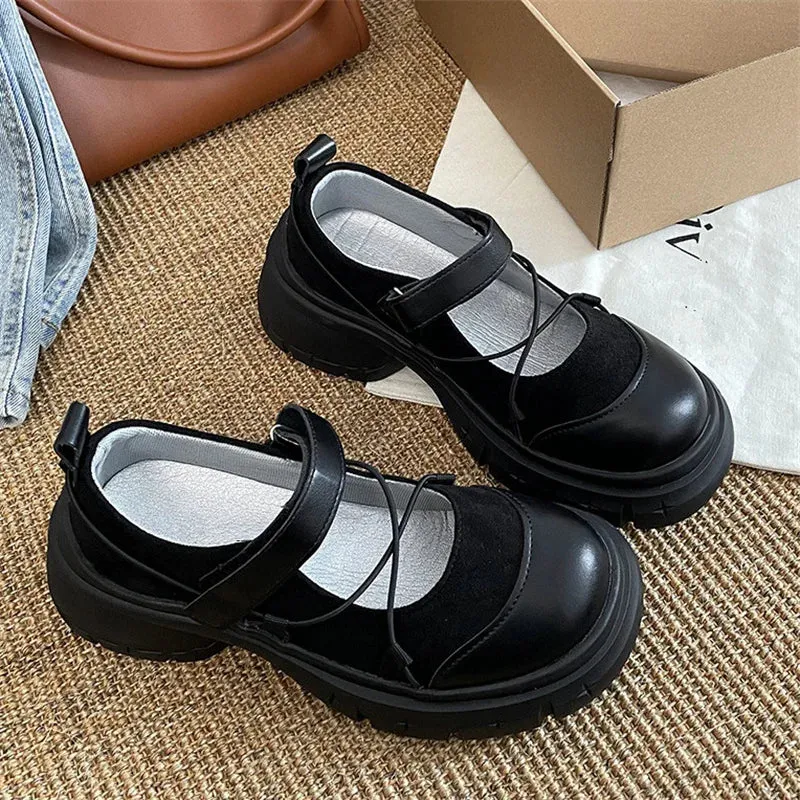 Wjczt Round Toe HOOk&LOOP Mary Janes Women Shoes Non-Slip Thick Bottom Ladies Shoes Retro Height Increasing Casual Tacones Para Mujer