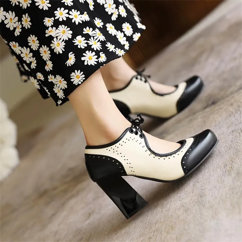 Wjczt Women Fashion High-heeled Shoes Color-blocking PU Hollow Square Toe Thick Heels Classic All-match Commuter Banquet Daily Shoes