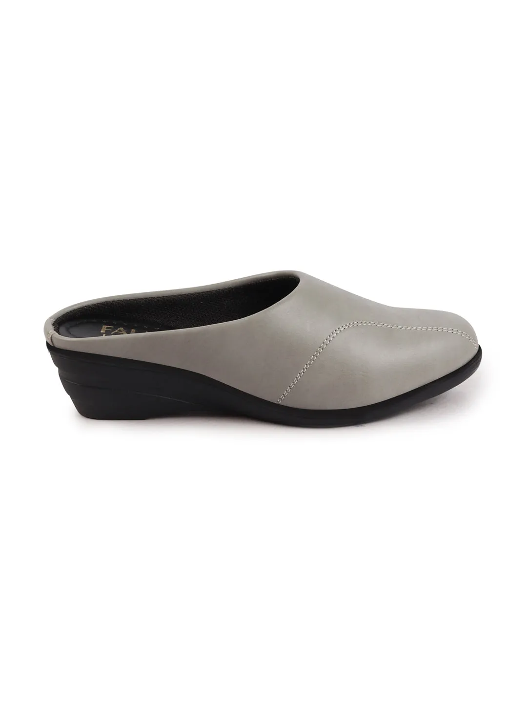 Women Grey Formal Back Open Platform Wedge Heel Slip On Mule Shoes