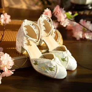 Womens Vintage Embroidery Buckle Mary Janes Heels