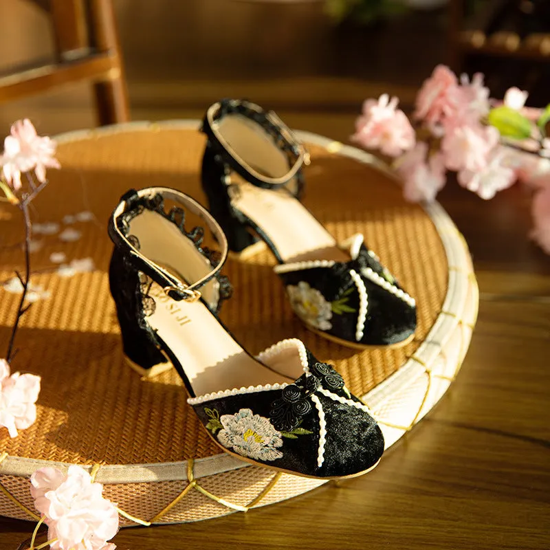 Womens Vintage Embroidery Buckle Mary Janes Heels