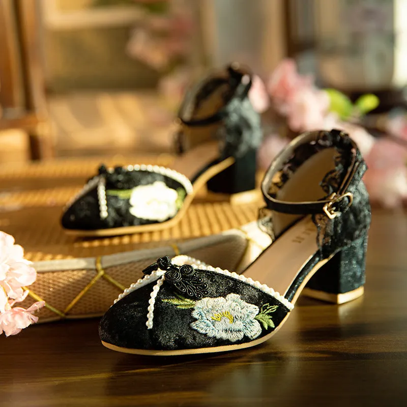 Womens Vintage Embroidery Buckle Mary Janes Heels