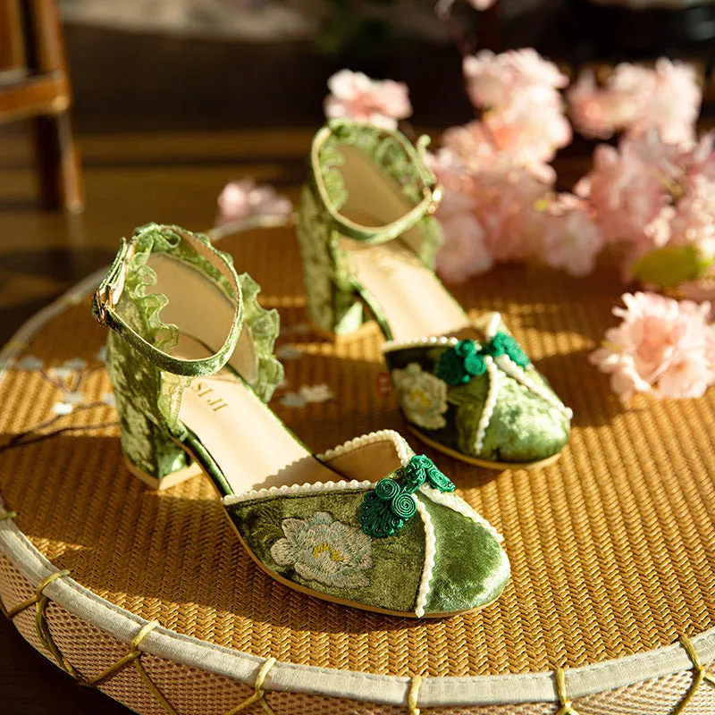 Womens Vintage Embroidery Buckle Mary Janes Heels