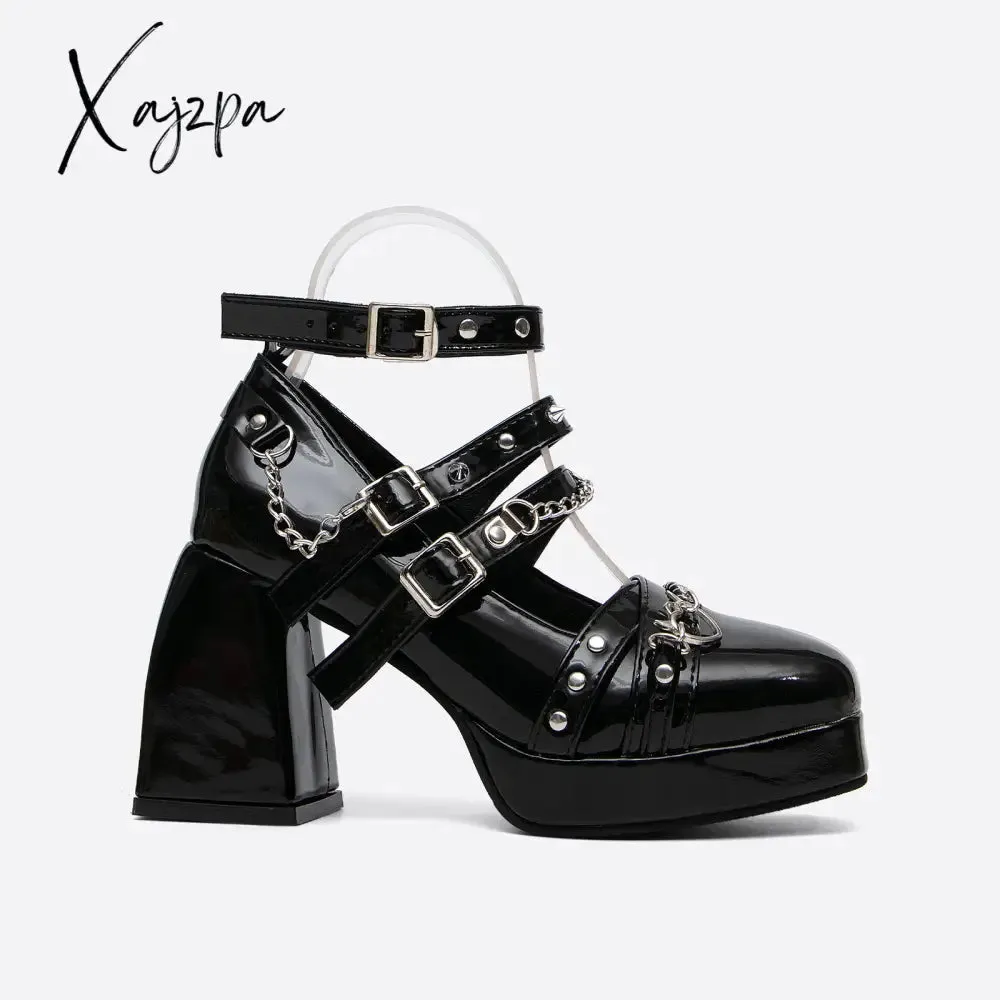 Xajzpa - Women Metal Chain Rivets Mary Janes