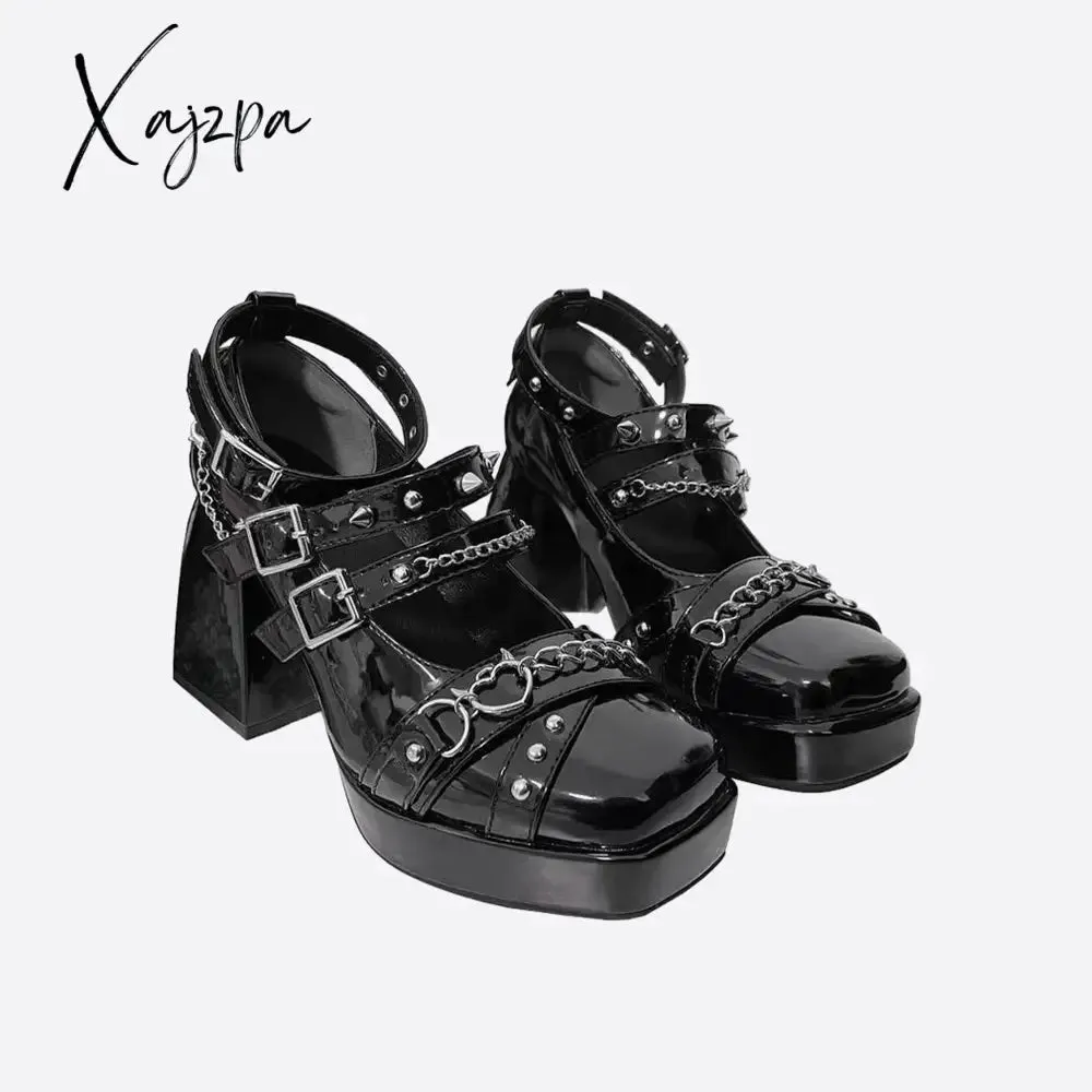 Xajzpa - Women Metal Chain Rivets Mary Janes